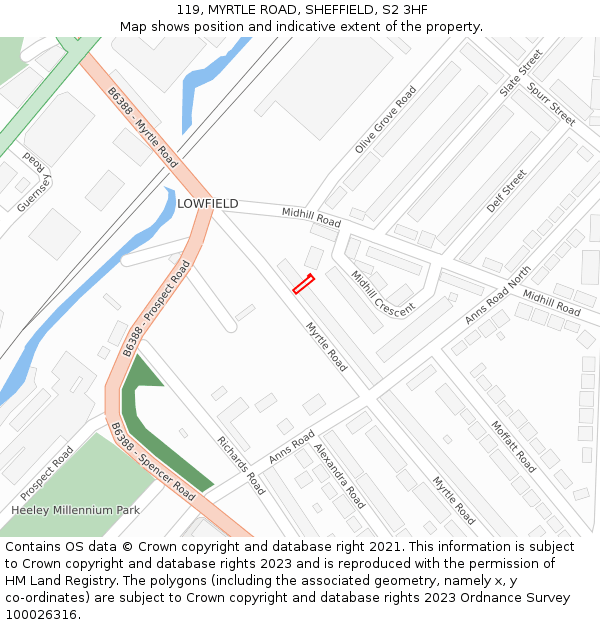 119, MYRTLE ROAD, SHEFFIELD, S2 3HF: Location map and indicative extent of plot