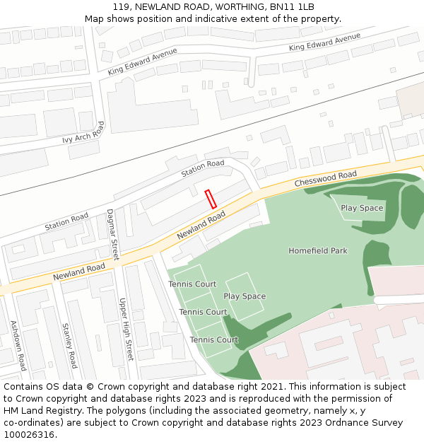 119, NEWLAND ROAD, WORTHING, BN11 1LB: Location map and indicative extent of plot