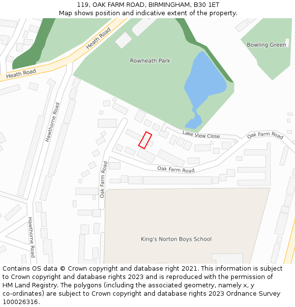 119, OAK FARM ROAD, BIRMINGHAM, B30 1ET: Location map and indicative extent of plot