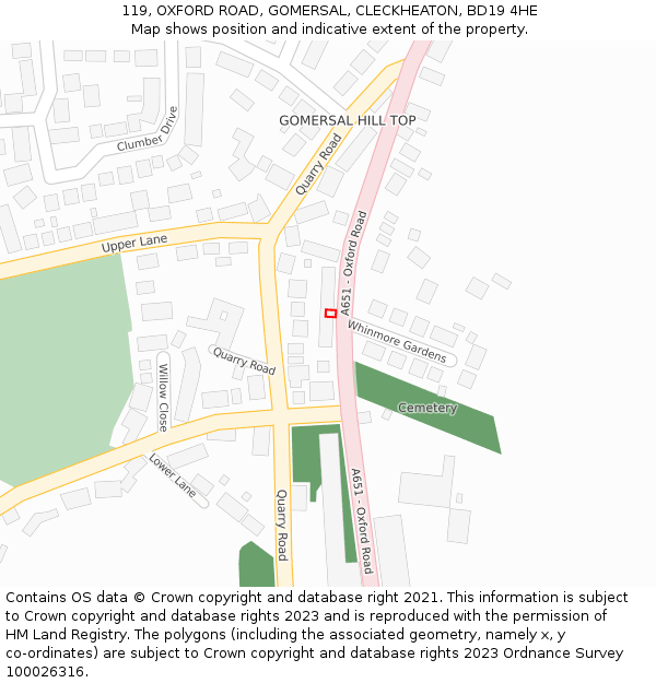 119, OXFORD ROAD, GOMERSAL, CLECKHEATON, BD19 4HE: Location map and indicative extent of plot