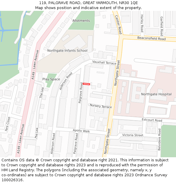 119, PALGRAVE ROAD, GREAT YARMOUTH, NR30 1QE: Location map and indicative extent of plot