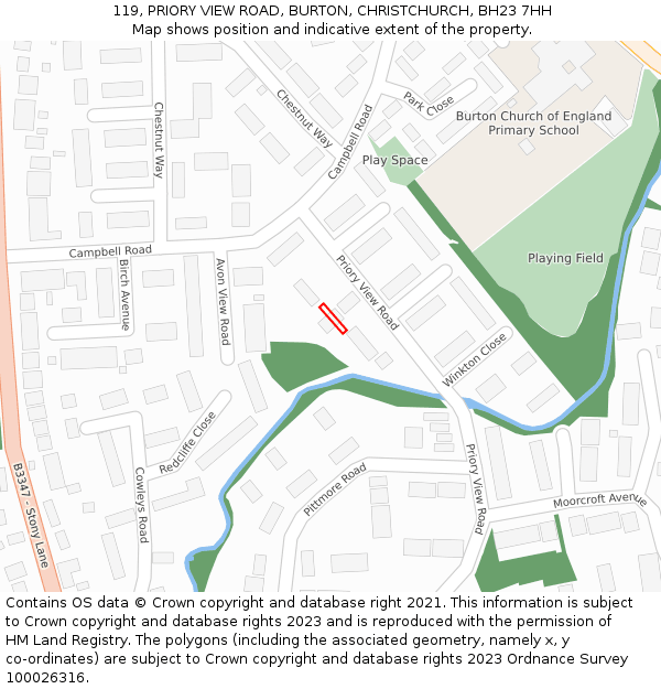 119, PRIORY VIEW ROAD, BURTON, CHRISTCHURCH, BH23 7HH: Location map and indicative extent of plot