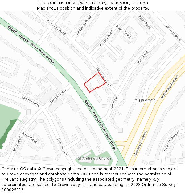 119, QUEENS DRIVE, WEST DERBY, LIVERPOOL, L13 0AB: Location map and indicative extent of plot