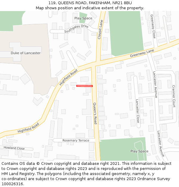 119, QUEENS ROAD, FAKENHAM, NR21 8BU: Location map and indicative extent of plot