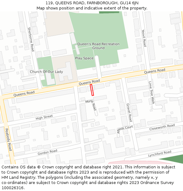 119, QUEENS ROAD, FARNBOROUGH, GU14 6JN: Location map and indicative extent of plot