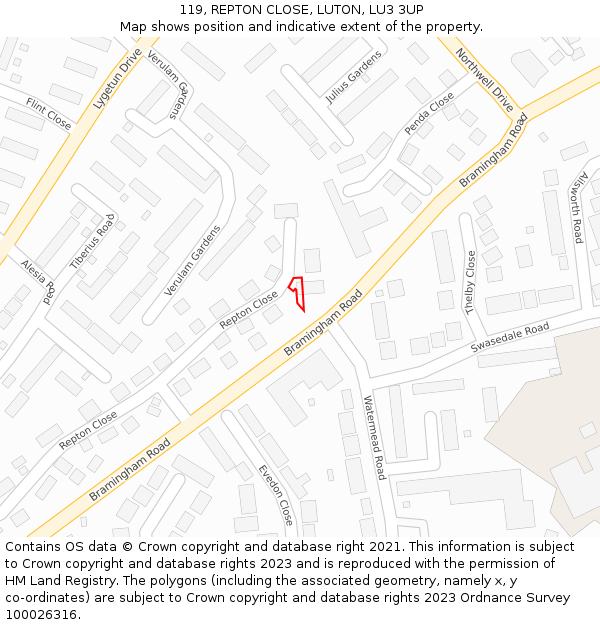 119, REPTON CLOSE, LUTON, LU3 3UP: Location map and indicative extent of plot