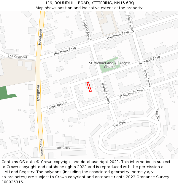119, ROUNDHILL ROAD, KETTERING, NN15 6BQ: Location map and indicative extent of plot