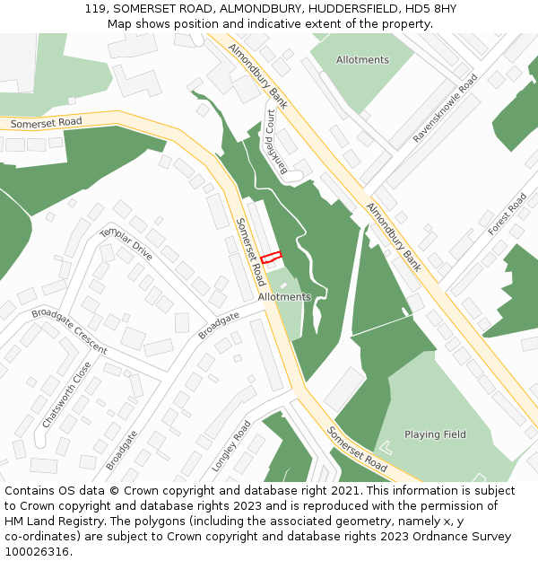 119, SOMERSET ROAD, ALMONDBURY, HUDDERSFIELD, HD5 8HY: Location map and indicative extent of plot