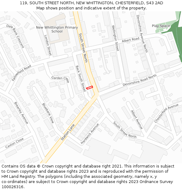 119, SOUTH STREET NORTH, NEW WHITTINGTON, CHESTERFIELD, S43 2AD: Location map and indicative extent of plot