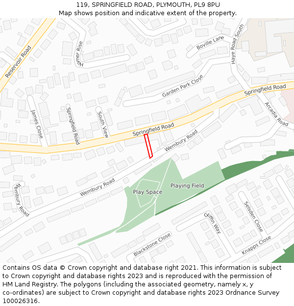 119, SPRINGFIELD ROAD, PLYMOUTH, PL9 8PU: Location map and indicative extent of plot