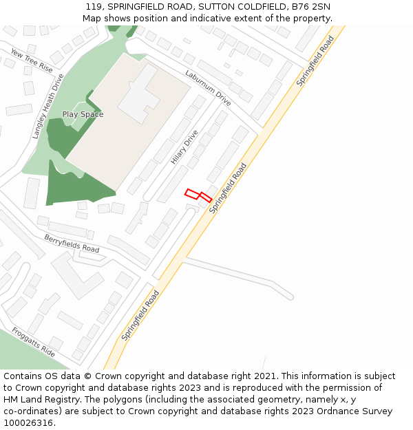 119, SPRINGFIELD ROAD, SUTTON COLDFIELD, B76 2SN: Location map and indicative extent of plot
