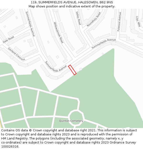 119, SUMMERFIELDS AVENUE, HALESOWEN, B62 9NS: Location map and indicative extent of plot