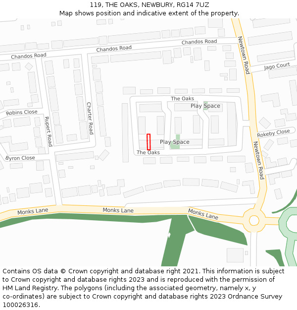 119, THE OAKS, NEWBURY, RG14 7UZ: Location map and indicative extent of plot