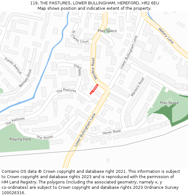 119, THE PASTURES, LOWER BULLINGHAM, HEREFORD, HR2 6EU: Location map and indicative extent of plot