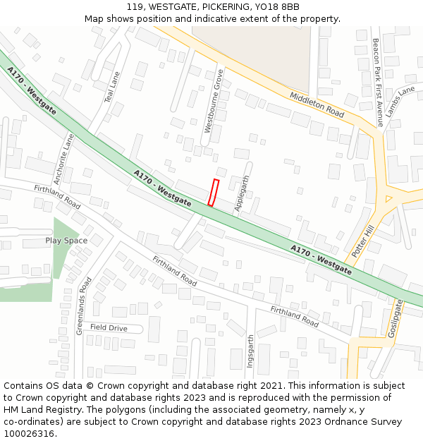 119, WESTGATE, PICKERING, YO18 8BB: Location map and indicative extent of plot