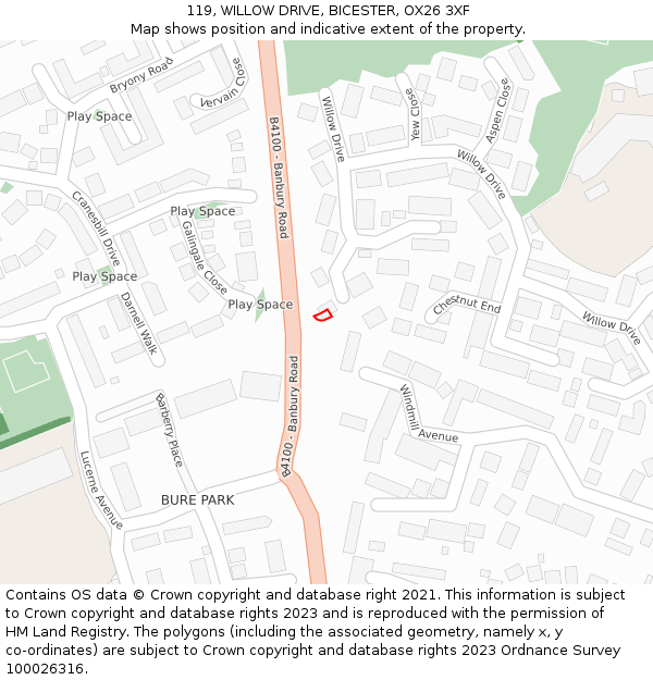 119, WILLOW DRIVE, BICESTER, OX26 3XF: Location map and indicative extent of plot