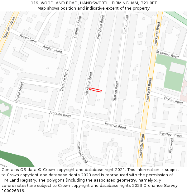 119, WOODLAND ROAD, HANDSWORTH, BIRMINGHAM, B21 0ET: Location map and indicative extent of plot