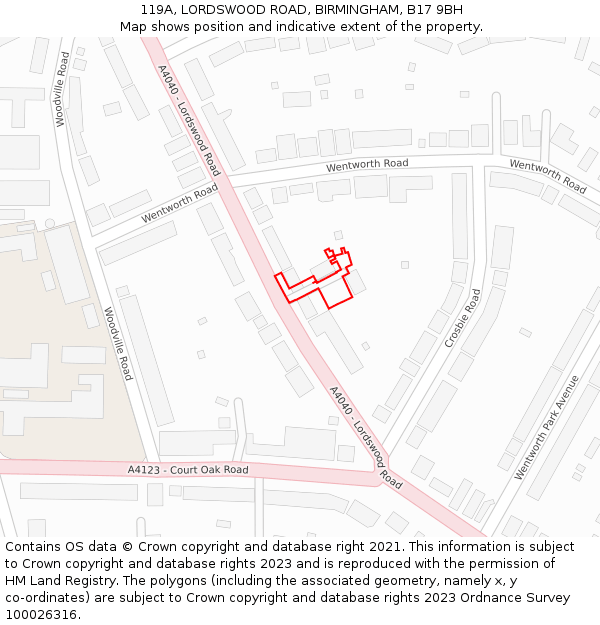 119A, LORDSWOOD ROAD, BIRMINGHAM, B17 9BH: Location map and indicative extent of plot