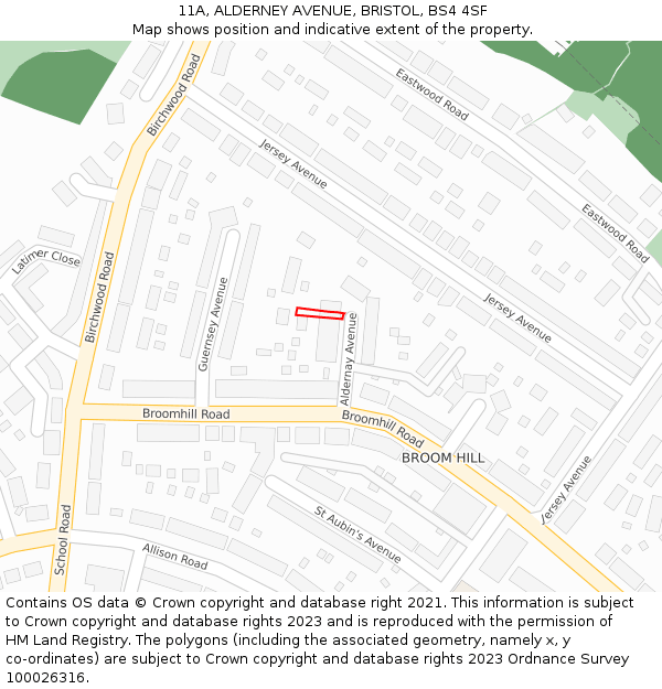 11A, ALDERNEY AVENUE, BRISTOL, BS4 4SF: Location map and indicative extent of plot
