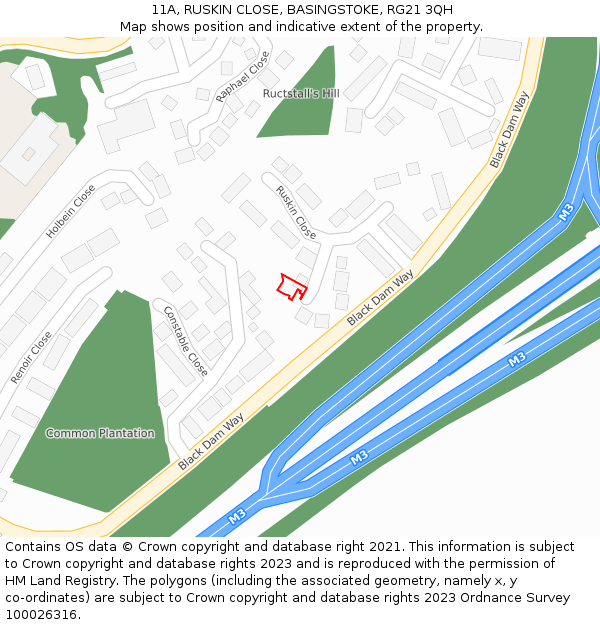 11A, RUSKIN CLOSE, BASINGSTOKE, RG21 3QH: Location map and indicative extent of plot