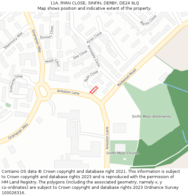 11A, RYAN CLOSE, SINFIN, DERBY, DE24 9LQ: Location map and indicative extent of plot