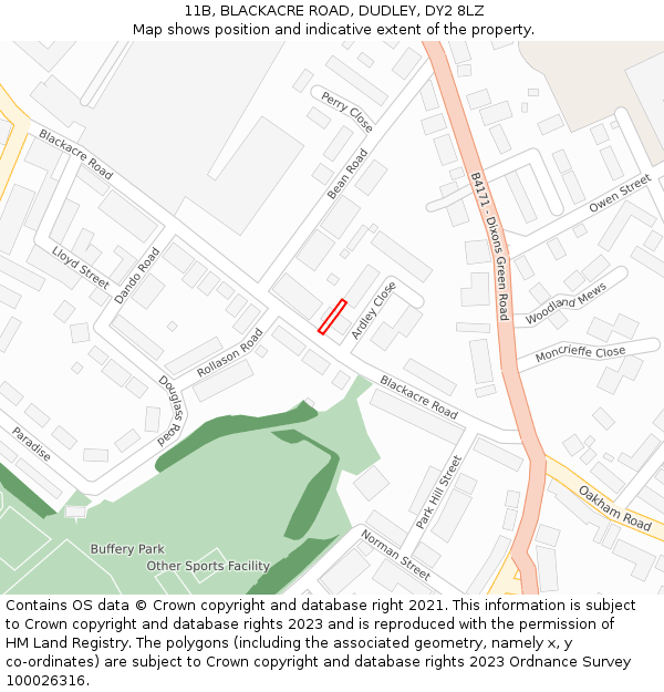 11B, BLACKACRE ROAD, DUDLEY, DY2 8LZ: Location map and indicative extent of plot