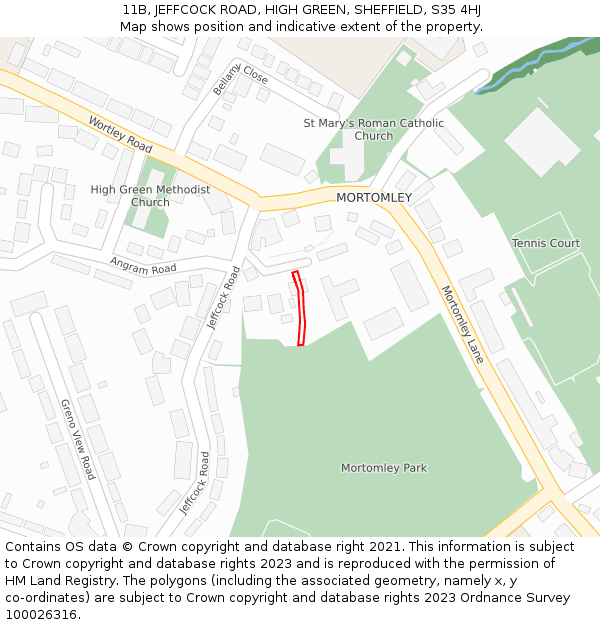 11B, JEFFCOCK ROAD, HIGH GREEN, SHEFFIELD, S35 4HJ: Location map and indicative extent of plot