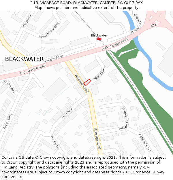 11B, VICARAGE ROAD, BLACKWATER, CAMBERLEY, GU17 9AX: Location map and indicative extent of plot