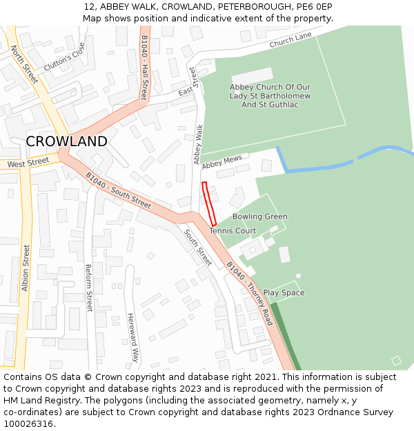12, ABBEY WALK, CROWLAND, PETERBOROUGH, PE6 0EP: Location map and indicative extent of plot