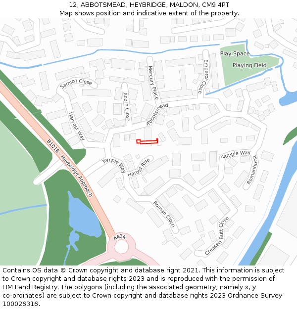 12, ABBOTSMEAD, HEYBRIDGE, MALDON, CM9 4PT: Location map and indicative extent of plot