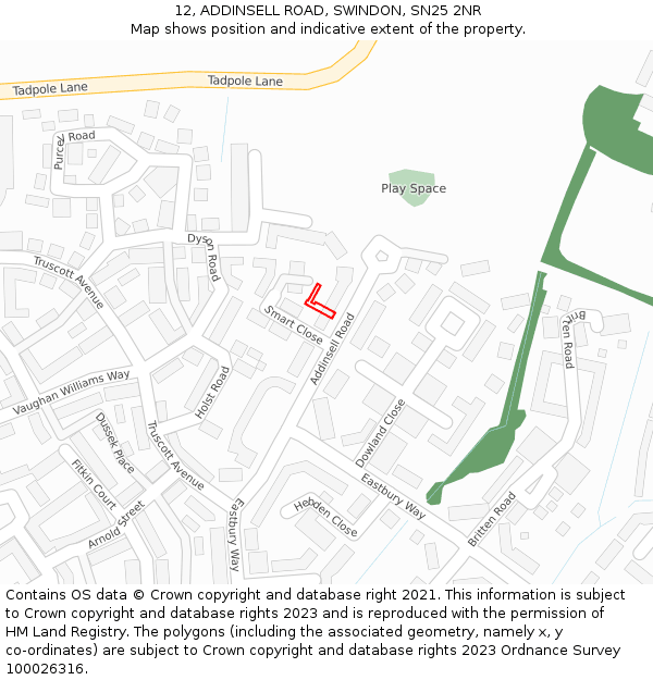 12, ADDINSELL ROAD, SWINDON, SN25 2NR: Location map and indicative extent of plot