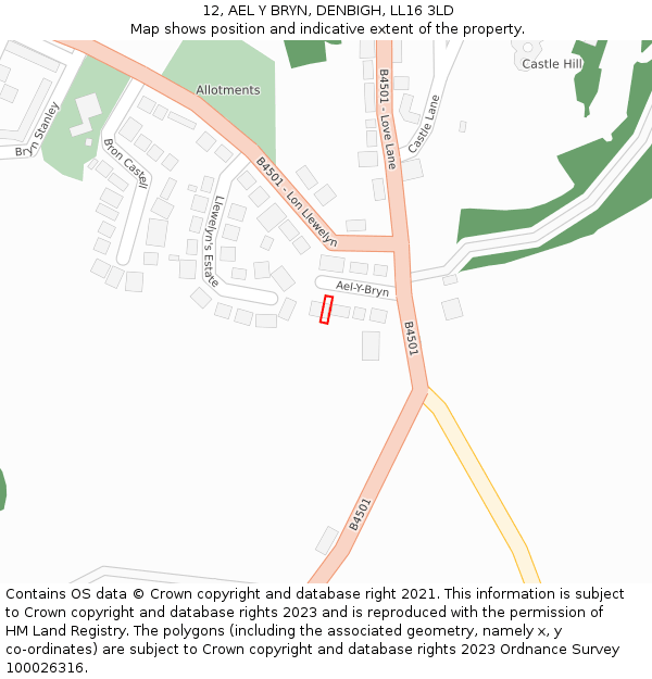 12, AEL Y BRYN, DENBIGH, LL16 3LD: Location map and indicative extent of plot