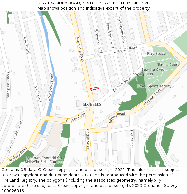 12, ALEXANDRA ROAD, SIX BELLS, ABERTILLERY, NP13 2LG: Location map and indicative extent of plot