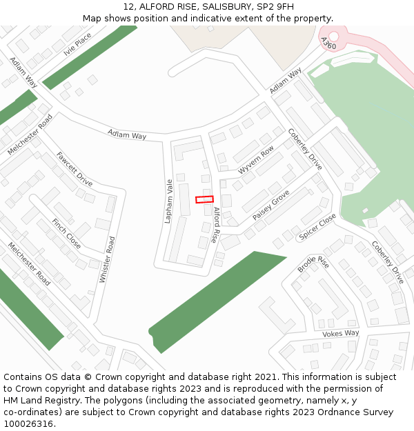 12, ALFORD RISE, SALISBURY, SP2 9FH: Location map and indicative extent of plot