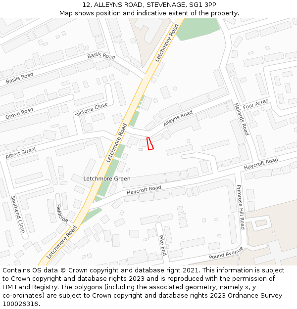 12, ALLEYNS ROAD, STEVENAGE, SG1 3PP: Location map and indicative extent of plot