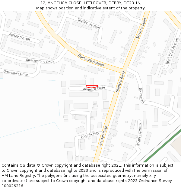 12, ANGELICA CLOSE, LITTLEOVER, DERBY, DE23 1NJ: Location map and indicative extent of plot