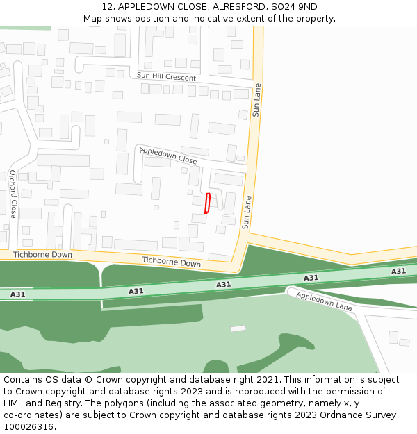 12, APPLEDOWN CLOSE, ALRESFORD, SO24 9ND: Location map and indicative extent of plot