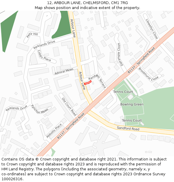 12, ARBOUR LANE, CHELMSFORD, CM1 7RG: Location map and indicative extent of plot