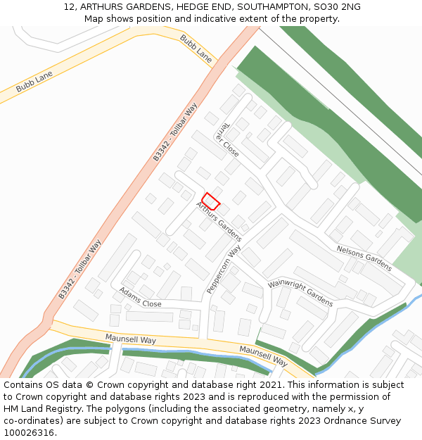 12, ARTHURS GARDENS, HEDGE END, SOUTHAMPTON, SO30 2NG: Location map and indicative extent of plot