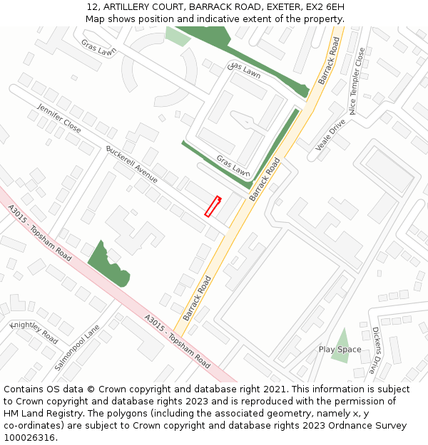 12, ARTILLERY COURT, BARRACK ROAD, EXETER, EX2 6EH: Location map and indicative extent of plot