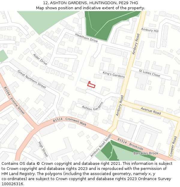 12, ASHTON GARDENS, HUNTINGDON, PE29 7HG: Location map and indicative extent of plot