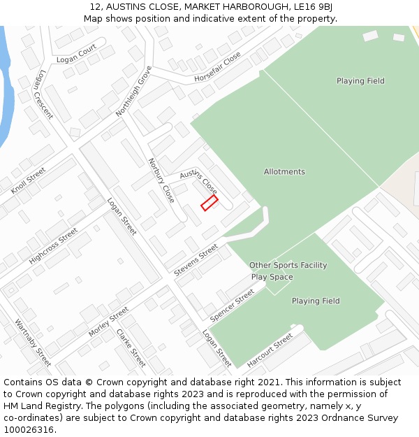 12, AUSTINS CLOSE, MARKET HARBOROUGH, LE16 9BJ: Location map and indicative extent of plot