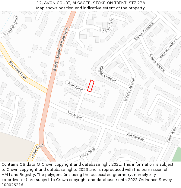 12, AVON COURT, ALSAGER, STOKE-ON-TRENT, ST7 2BA: Location map and indicative extent of plot