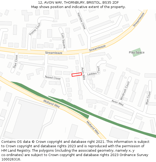 12, AVON WAY, THORNBURY, BRISTOL, BS35 2DF: Location map and indicative extent of plot