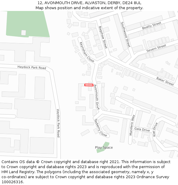 12, AVONMOUTH DRIVE, ALVASTON, DERBY, DE24 8UL: Location map and indicative extent of plot