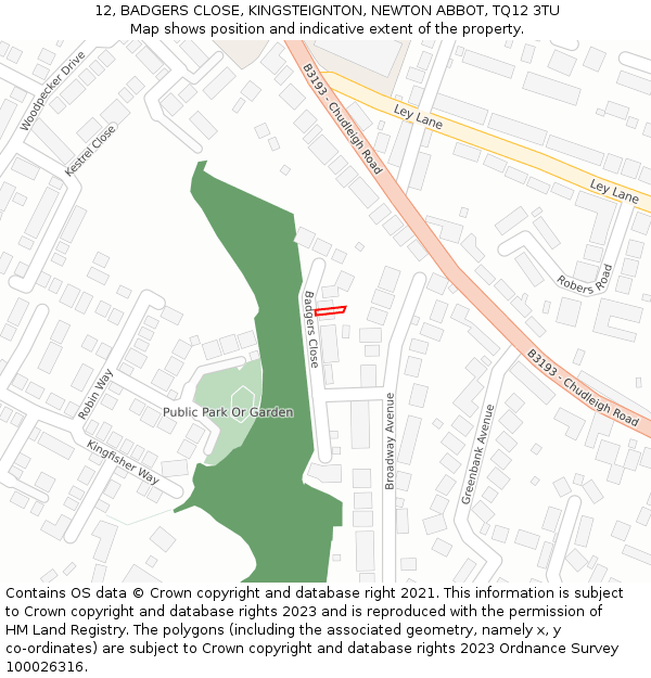 12, BADGERS CLOSE, KINGSTEIGNTON, NEWTON ABBOT, TQ12 3TU: Location map and indicative extent of plot