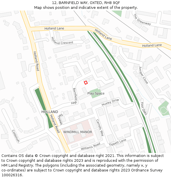 12, BARNFIELD WAY, OXTED, RH8 9QF: Location map and indicative extent of plot