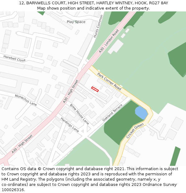 12, BARNWELLS COURT, HIGH STREET, HARTLEY WINTNEY, HOOK, RG27 8AY: Location map and indicative extent of plot