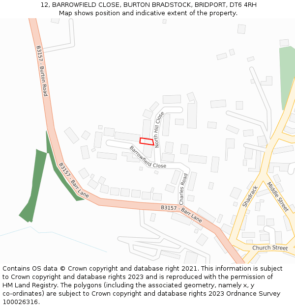 12, BARROWFIELD CLOSE, BURTON BRADSTOCK, BRIDPORT, DT6 4RH: Location map and indicative extent of plot