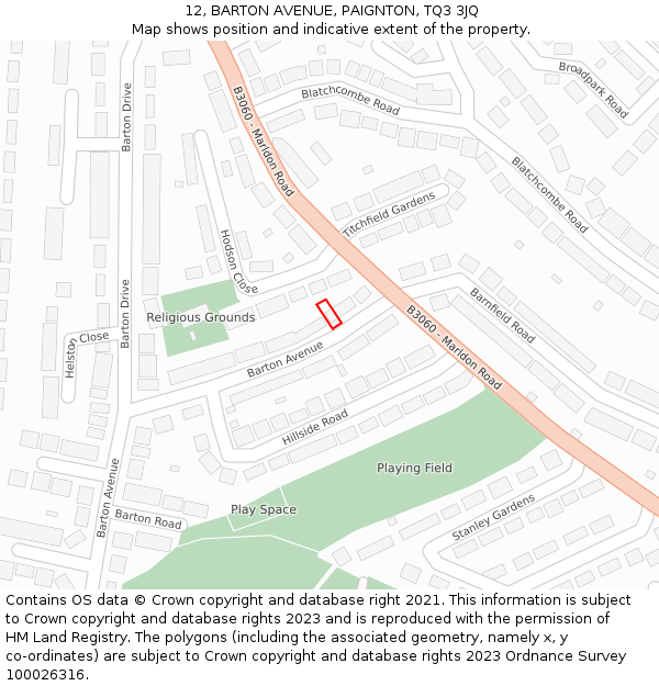 12, BARTON AVENUE, PAIGNTON, TQ3 3JQ: Location map and indicative extent of plot